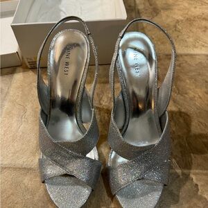 Nine West Silver Glitter Peep-Toe Slingbacks